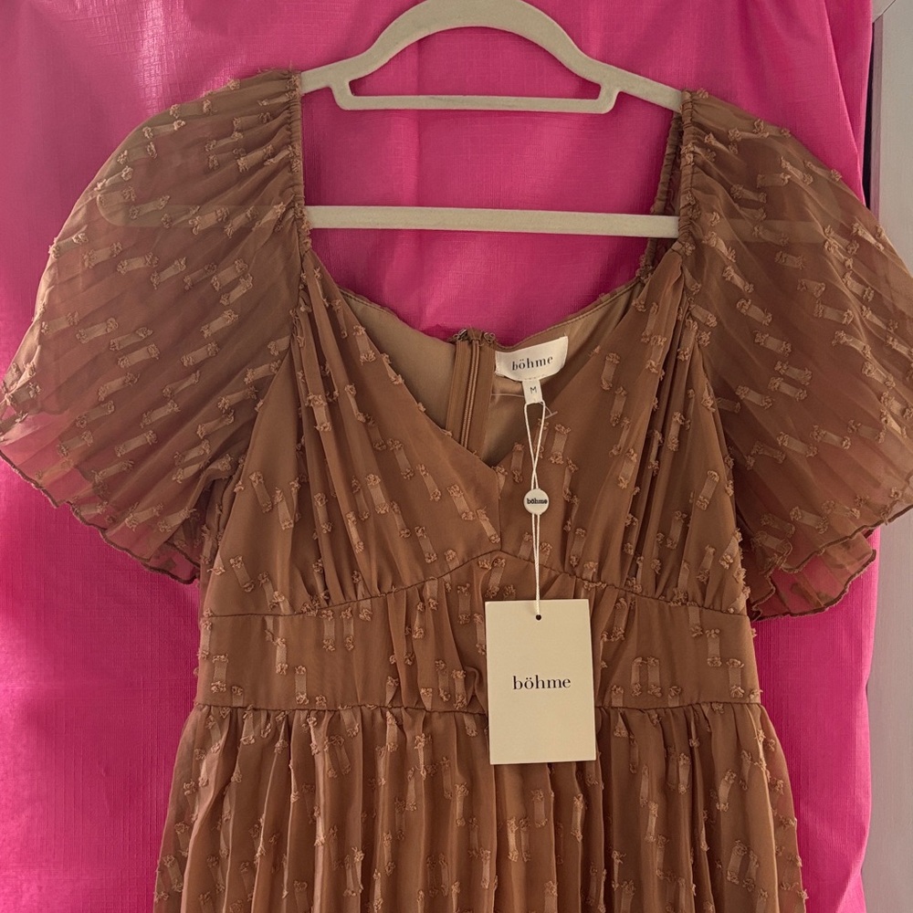 Bohme Tan Textured Puff Sleeve Dress